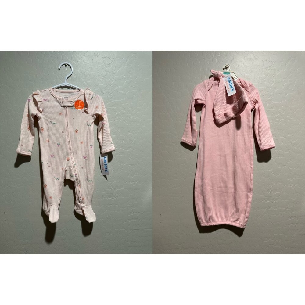 Carter’s Baby Girl Onesie 2 way zipper & pink ribbed sleep gown with hat size 3M